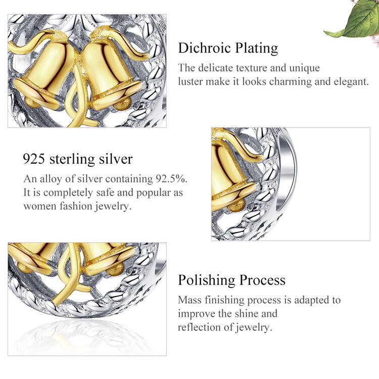 Mặt tráng sức Bamoer SCC1358 bằng bạc 925 hình chuông giáng sinh hợp thời trang DIY