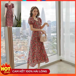 [Ảnh Thật] Đầm Xòe Lụa Đẹp Tay Phồng Cao Cấp Váy Hoa Dài Qua Gối Dự Tiệc, Công Sở, Đám Cưới, Đi Biển Xẻ Tà Một Bên