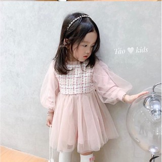 VÁY DẠ KẺ HỒNG PHA REN CHO BÉ GÁI