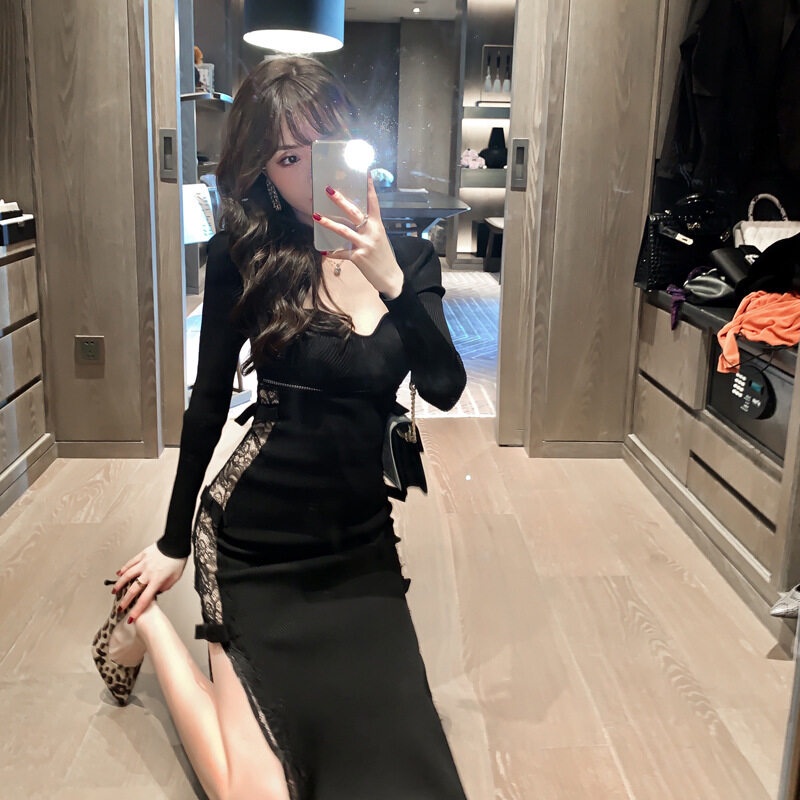 ZYHT Đầm Dệt Kim Màu Đen Dáng Dài Gợi Cảm Thời Trang Hàn Quốc Cho Nữ 4632