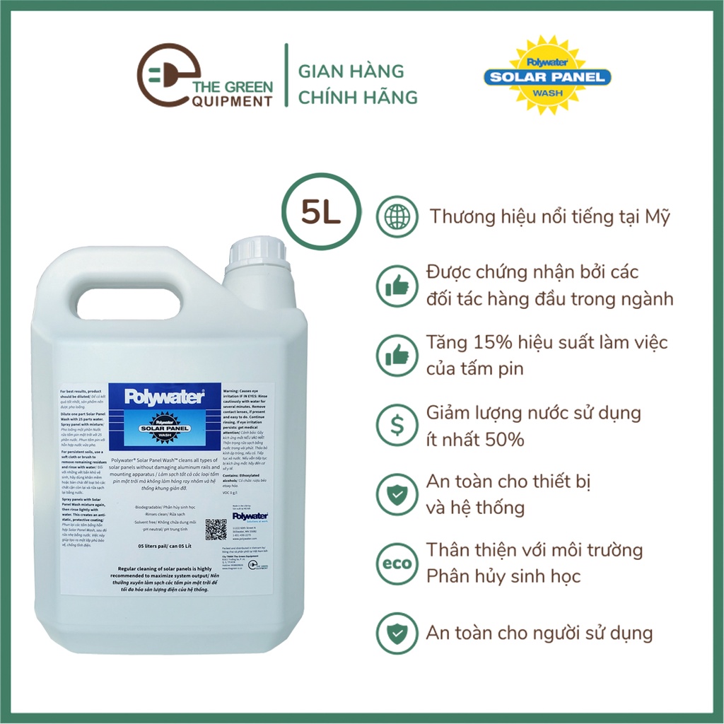 Hoá chất rửa tấm pin năng Lượng mặt trời NLMT Poly water ® SPW™ - Can 5 Lít