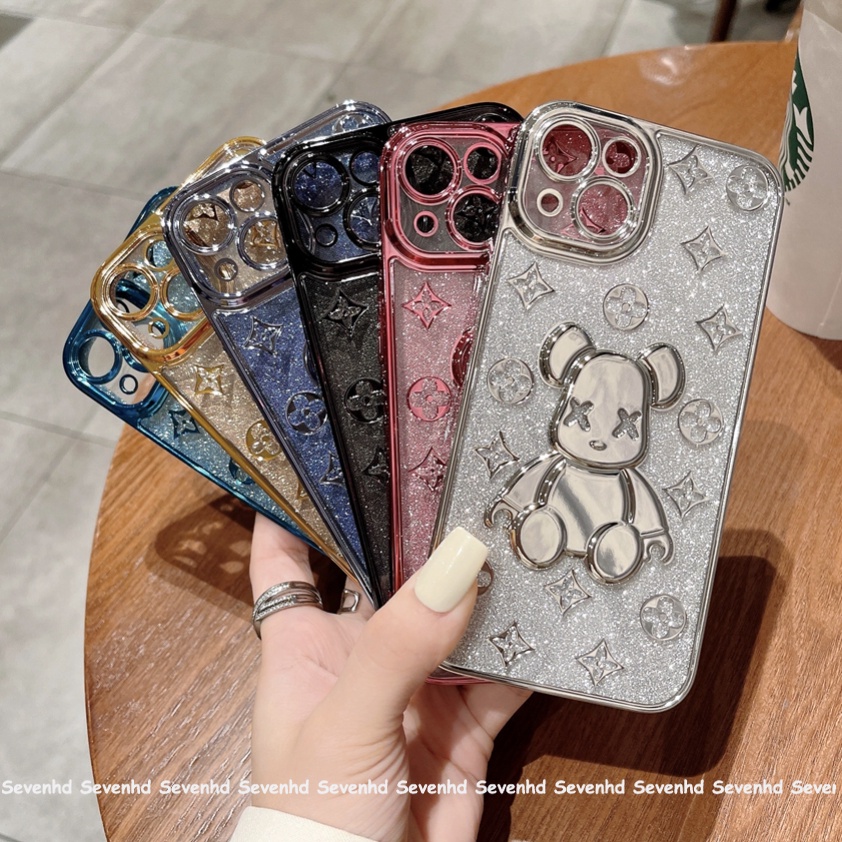 Ốp Điện Thoại Mềm Mạ Điện Chống Sốc In Hình Gấu Hoạt Hình Cho iPhone 14 Pro Max X XR Xs Max 8 7 6 6s Plus SE 2020
