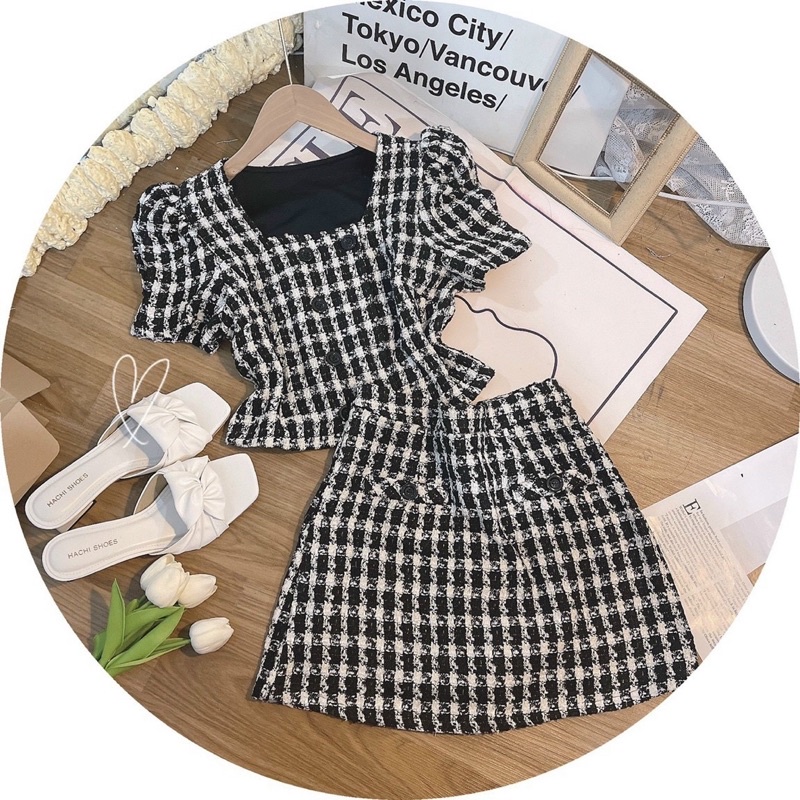 SET ÁO DẠ CARO ĐEN NÚT DỌC +  CHÂN VÁY