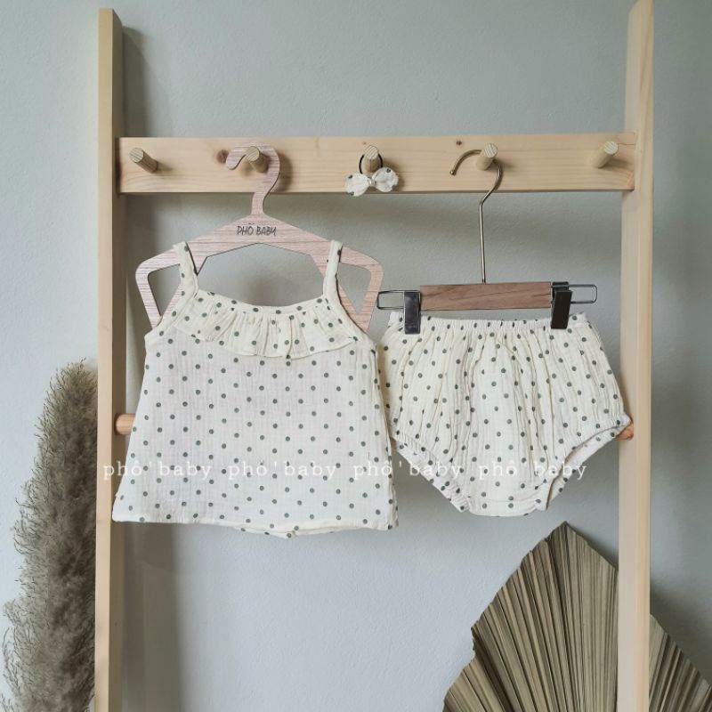 bộ, body, khăn chấm xanh xô muslin cao cấp