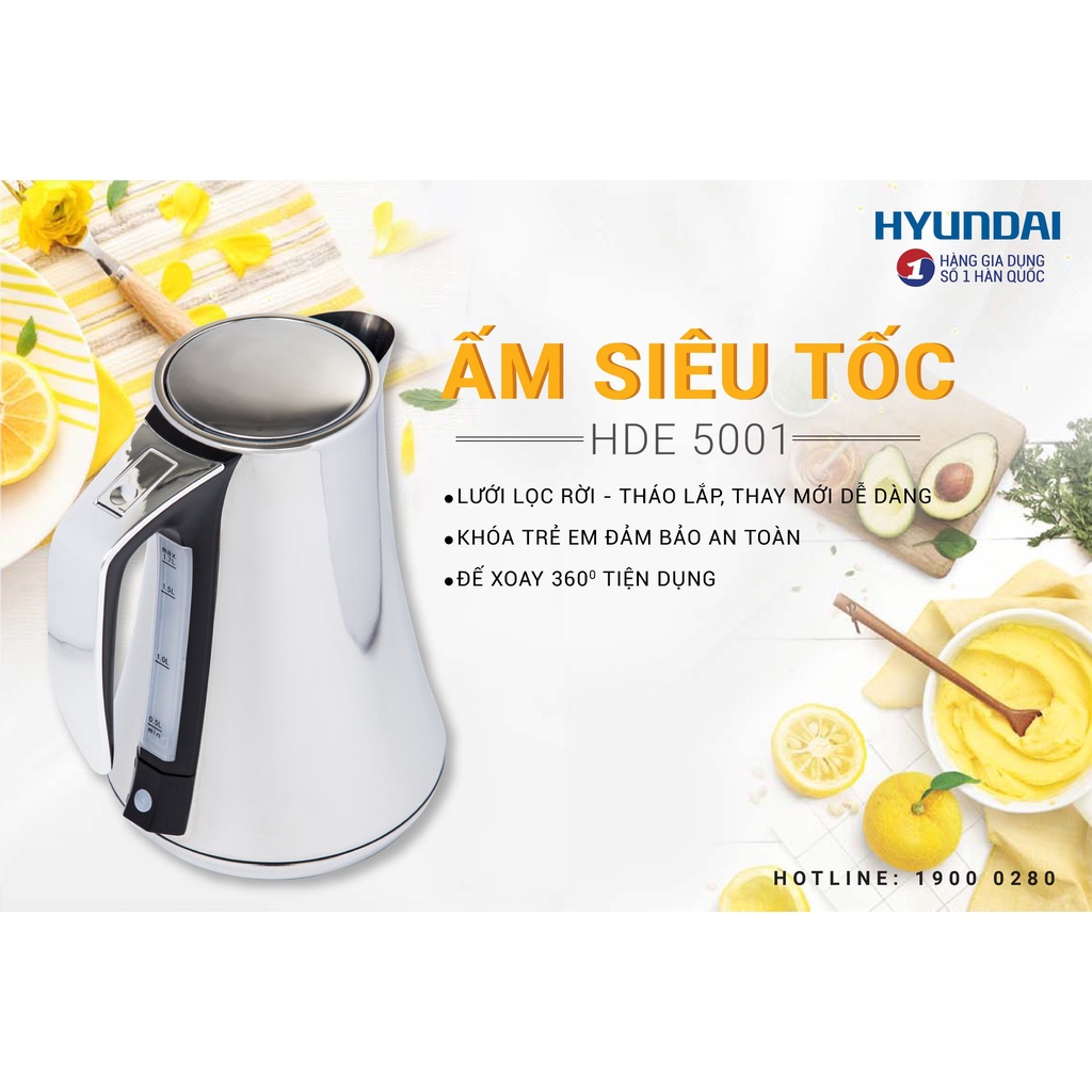 Ấm đun siêu tốc điện tử Hyundai HDE 5001S, bình đun siêu tốc 1.8L, bảo hành 12 tháng