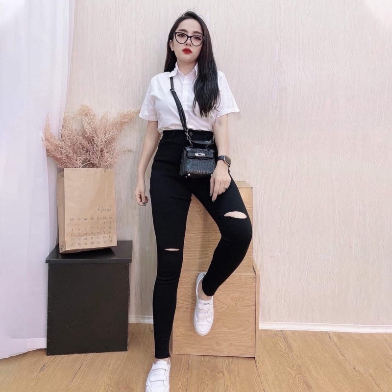 Quần jean giấy rách gối. Quần skinny cạp cao, co giãn 4 chiều đi học, đi làm, đi tập gym
