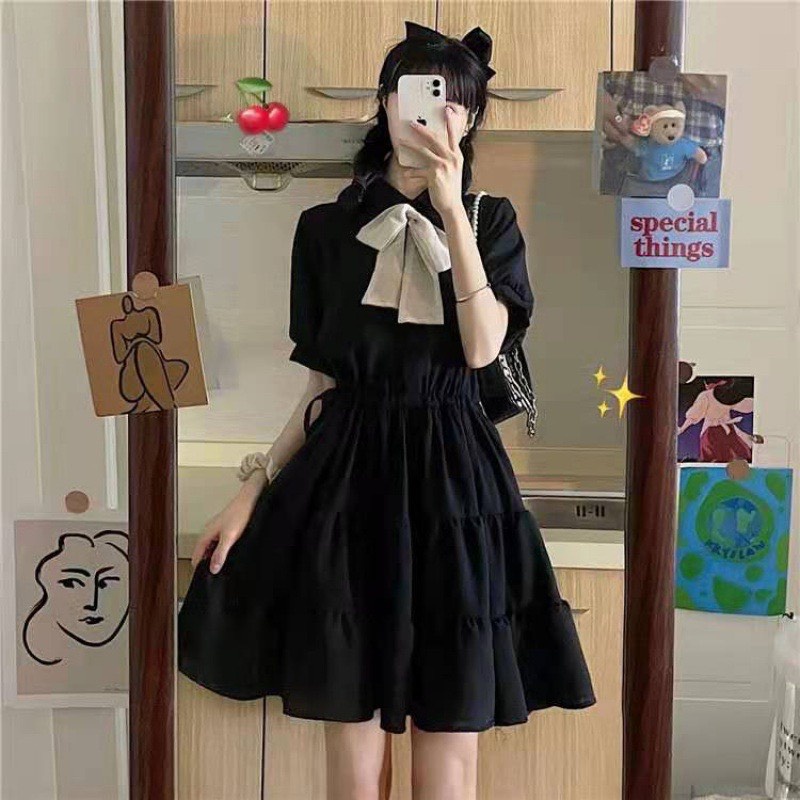Váy Sơ Mi Nơ Cổ Dáng Xòe màu đen Trắng