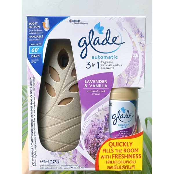 Máy xịt phòng tự động GLADE Hương lavender&amp;vanilla 269ml/175g( Máy + lõi kèm 2pin AA)hàng chuẩn