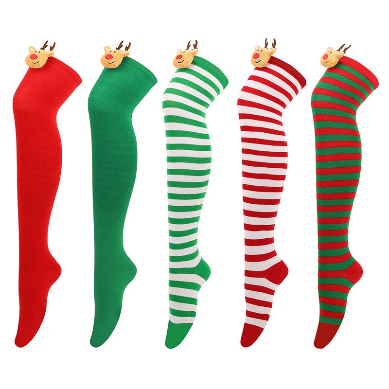 Vớ Dài Qua Gối Họa Tiết Kẻ Sọc In Hình Tuần Lộc Giáng Sinh Dễ Thương Cỡ Lớn Cho Nữ