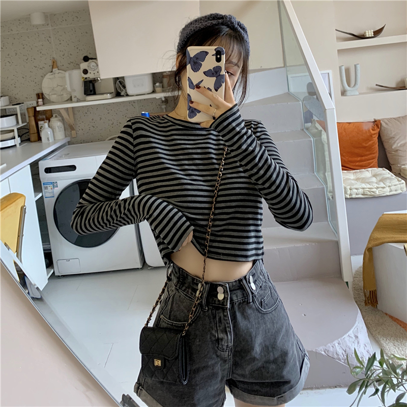 Áo thun SUXI lửng tay dài dáng rộng kẻ sọc ngang trẻ trung hợp thời trang