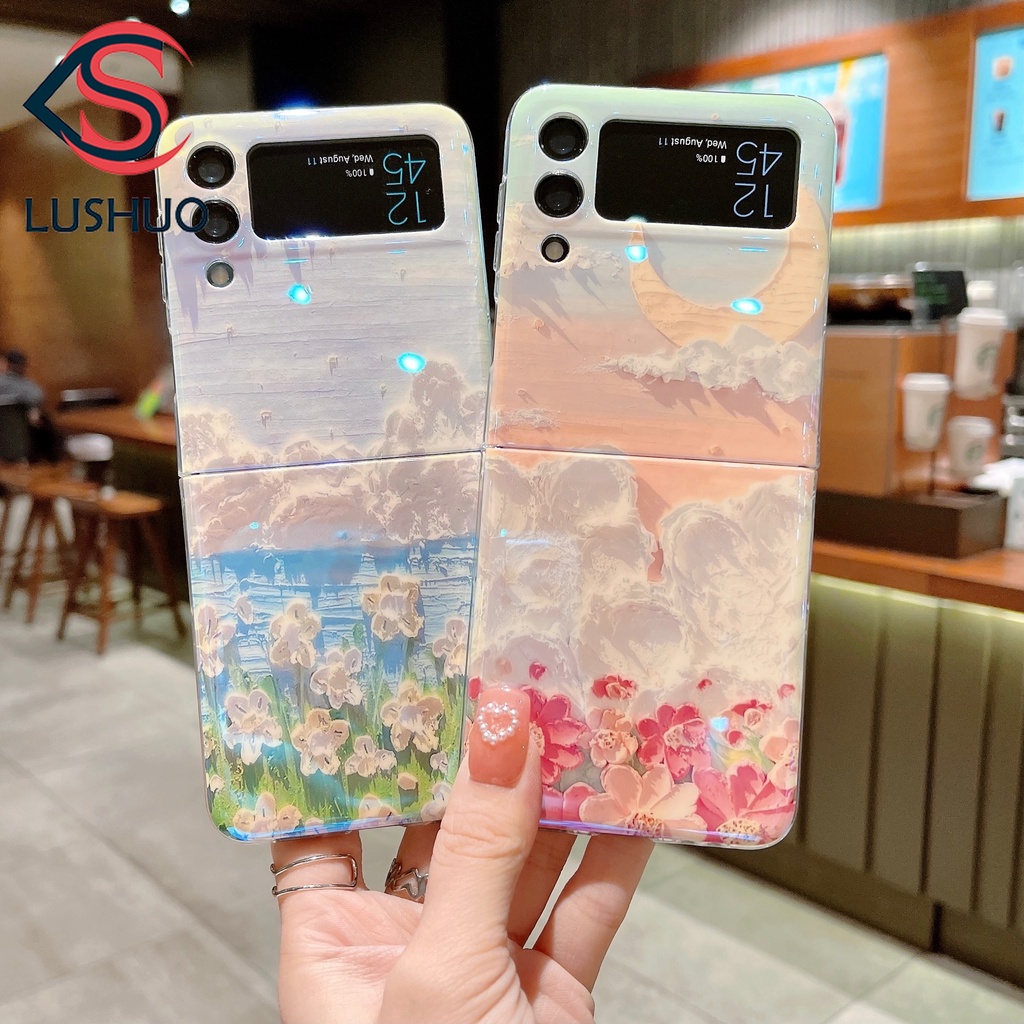 Ốp Điện Thoại Dẻo Họa Tiết Hoa Kiểu Tranh Sơn Dầu Màu Xanh Dương Cho Samsung Galaxy Z Flip 3 5G Z Flip3 ZFlip3 ZFlip 3