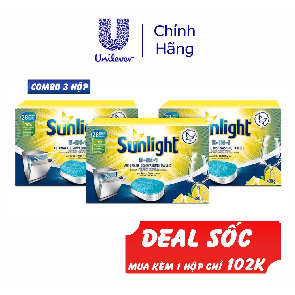 3 Hộp Viên Rửa Chén Bát Sunlight 5 in 1 Dành Cho Máy Rửa Chén (490g/Hộp)