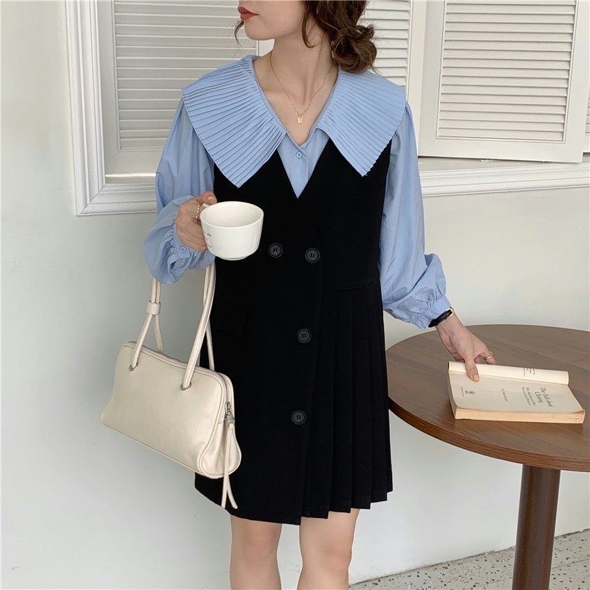 Sét Áo Sơ Mi Dài Tay + Đầm Vest Không Tay Dáng Suông
