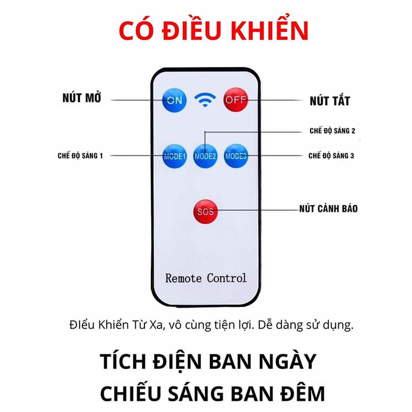 Đèn pha năng lượng mặt trời 6 Cob 120 Led Pin rời kèm điều khiển từ xa cảm biến chuyển động dây nối dài 5m