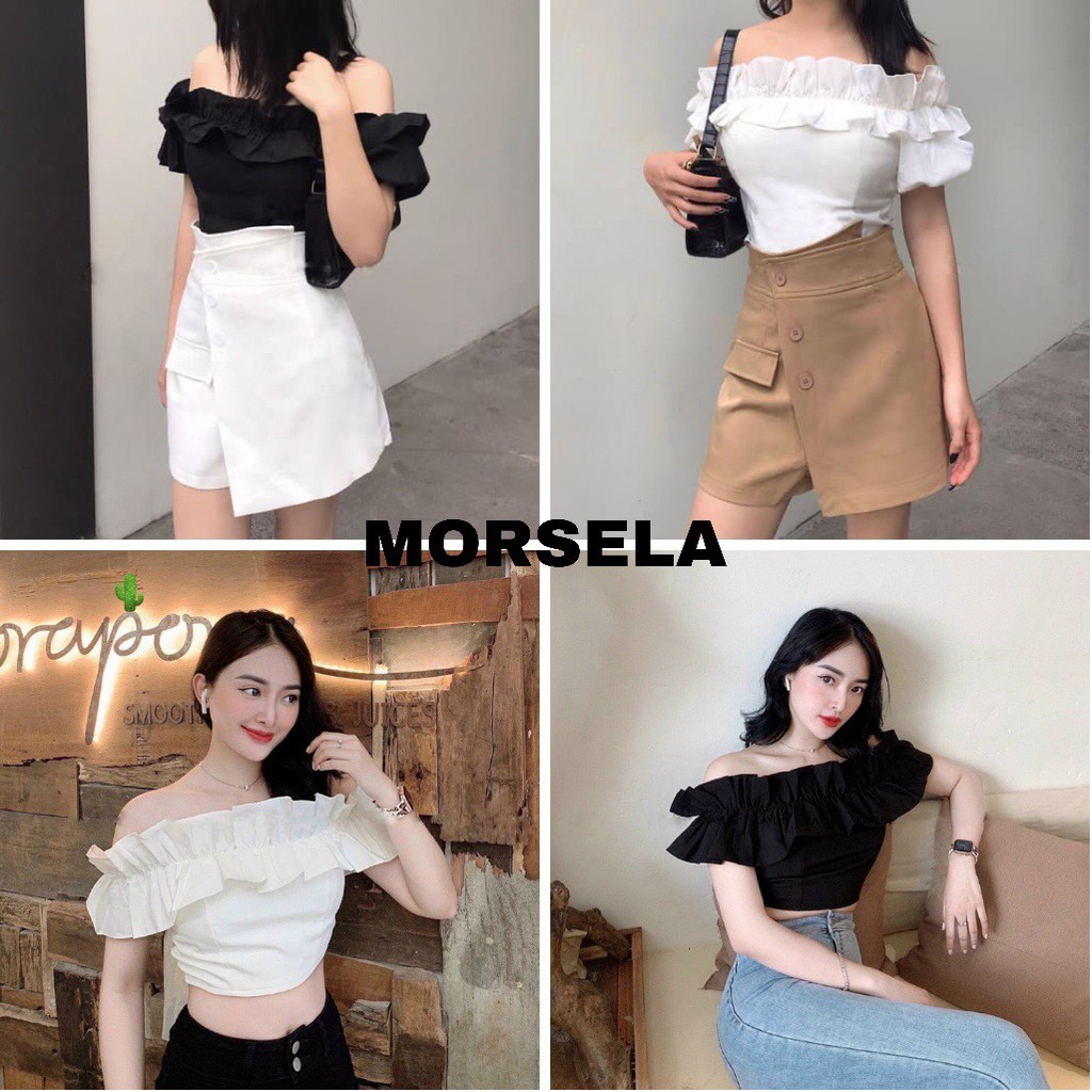 Áo croptop trễ vai voan nhúng bèo - Áo crop top viền bèo kiểu nữ tính - Morsela