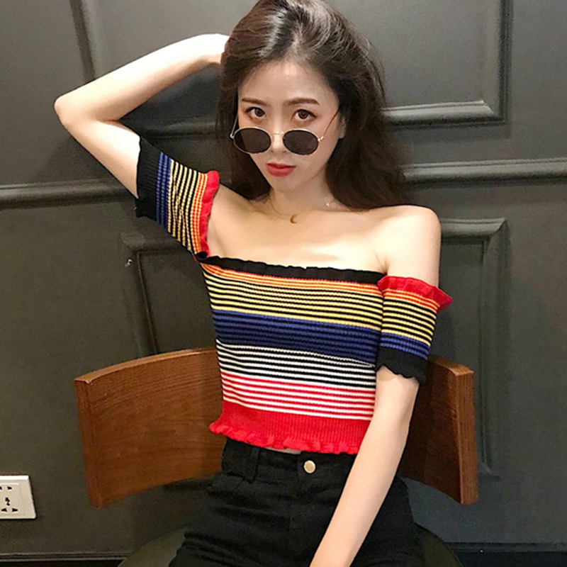 Áo Croptop dệt kim tay ngắn hoạ tiết kẻ sọc cho phái nữ