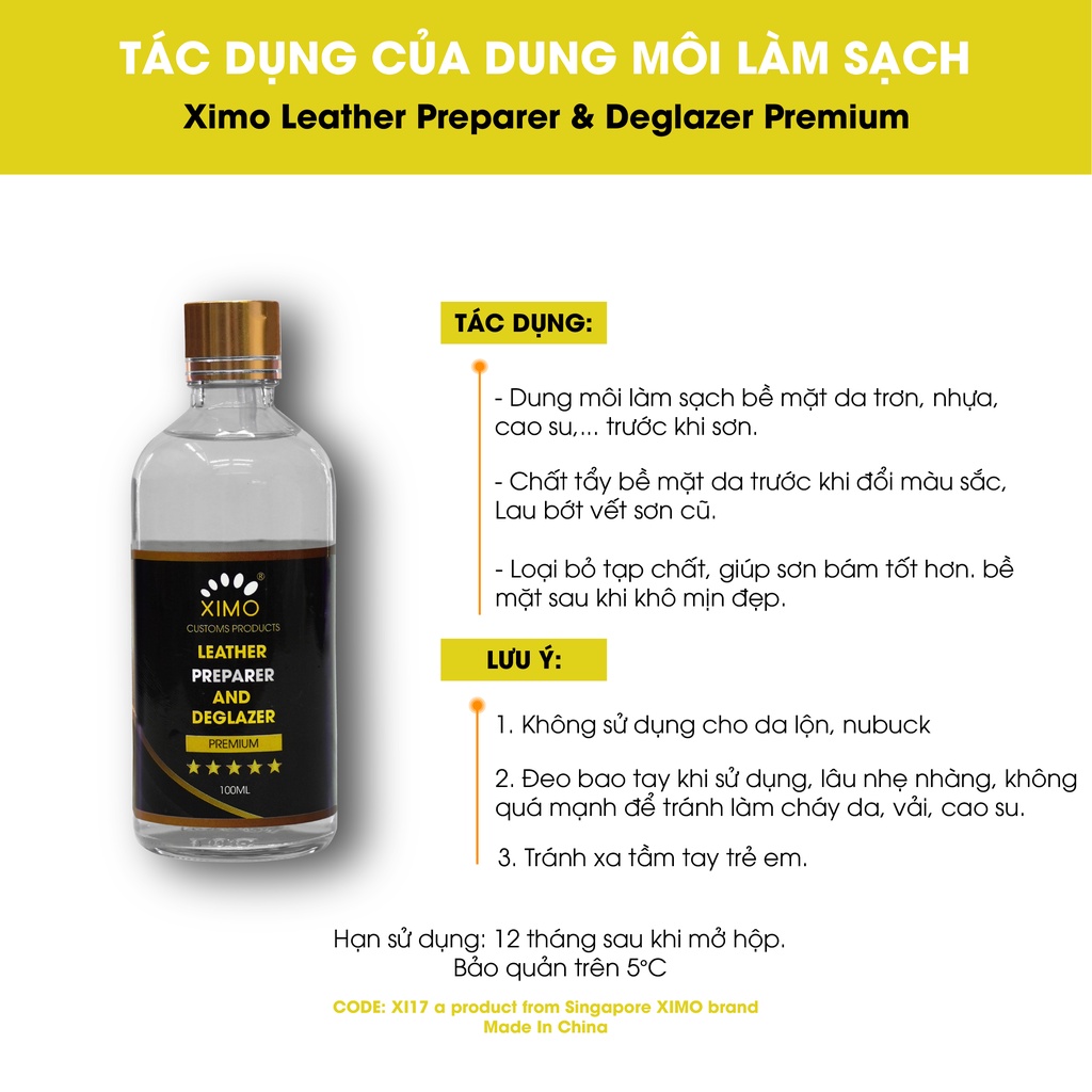 Dung môi vệ sinh, làm sạch và loại bỏ tạp chất bề mặt trước khi sơn Ximo Leather Preparer &amp; Deglazer Premium 100ml XXI17