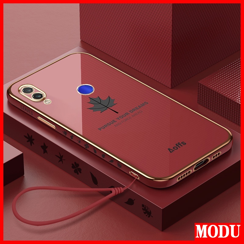 Ốp Điện Thoại Mềm Họa Tiết Lá Phong Dáng Vuông Mạ Màu Sang Trọng + Dây Đeo Cho Xiaomi Redmi Note 7 Pro
