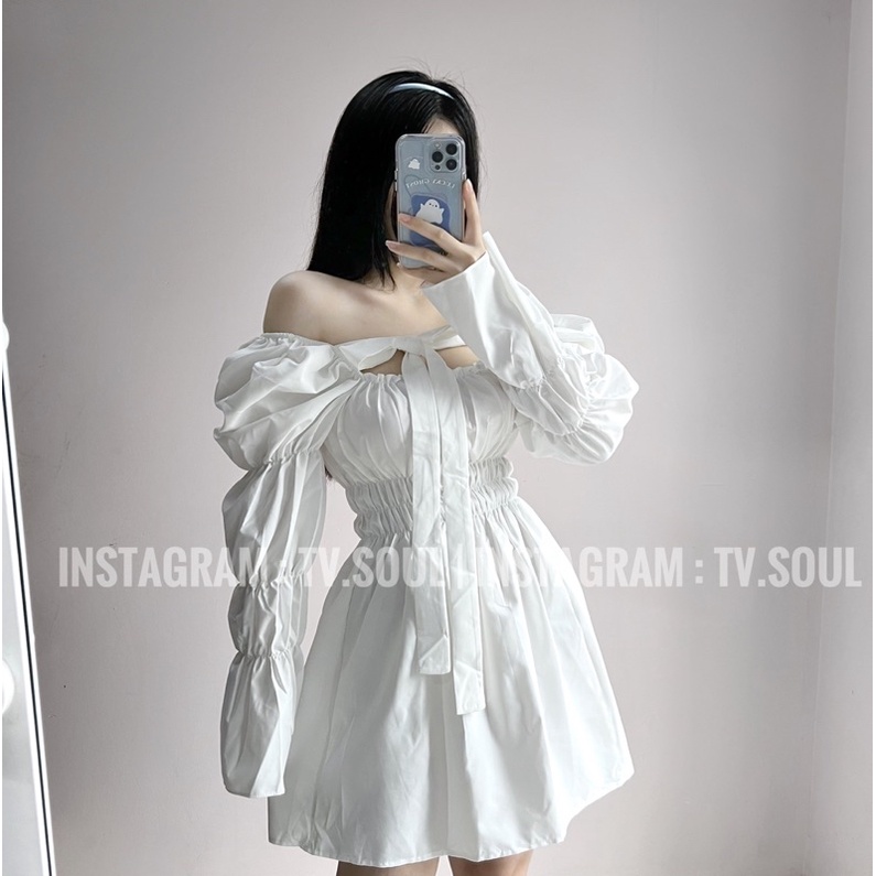 Đầm tay phồng dây nơ