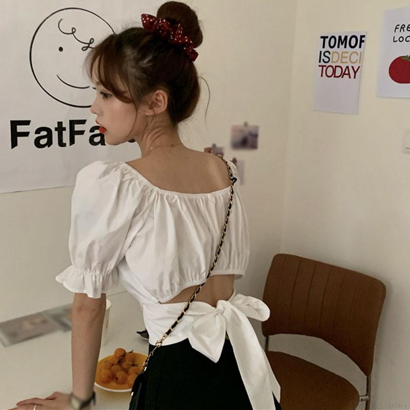  Áo kiểu cho nữ tay phồng ngắn xẻ cổ chữ U phong cách Hàn Quốc đáng yêu | BigBuy360 - bigbuy360.vn