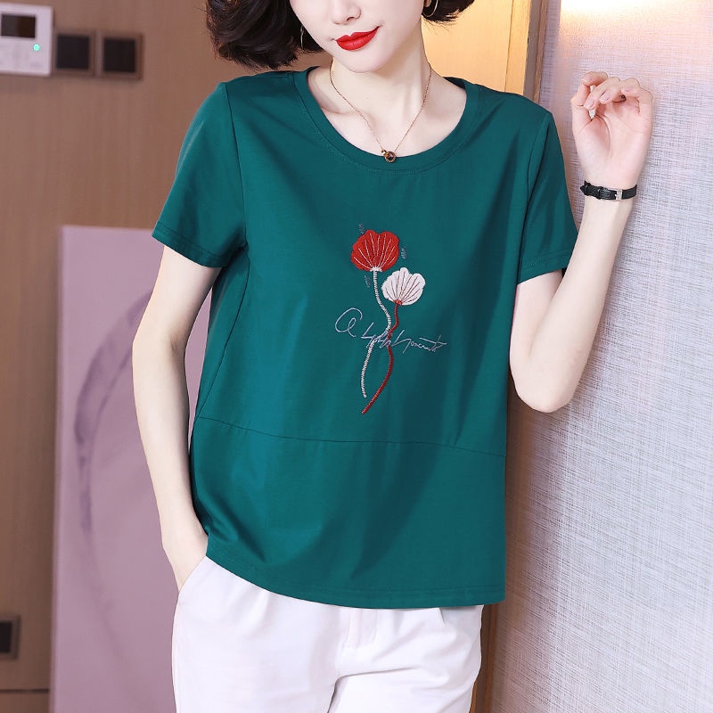 Áo Thun cotton Ngắn Tay Thêu Họa Tiết Thời Trang Cho Nữ Trung Niên