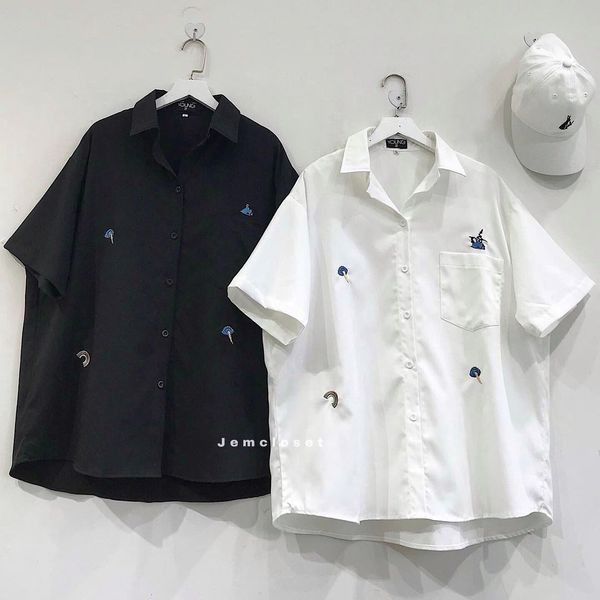Áo Sơ Mi Nữ Tay Ngắn Thêu Họa Tiết Nhí Đáng Yêu BALE Gồm 3 Màu Trắng - Đen - Hồng - 10038 ( Jem Closet )