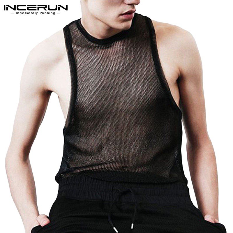 INCERUN Men Sexy Mesh See-through Fashion Sleeveless Round Neck Tank Tops
