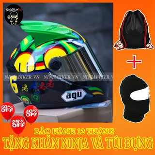 Nón bảo hiểm AGU tem rùa gắn sừng rùa xanh lá chính hãng 100% (Tặng Khăn ninja và túi đựng)