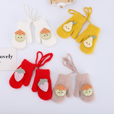 Găng tay lông cừu mềm mại co giãn họa tiết trái cây dễ thương thích hợp cho bé gái 0-2 tuổi
