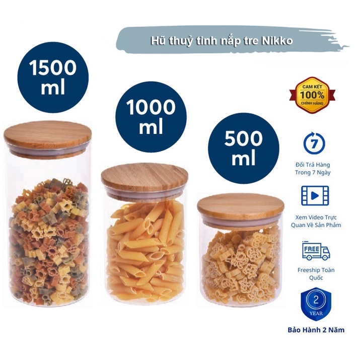 Hũ thuỷ tinh nắp tre Nikko (500 - 1000 - 1500)ml - Hàng chính hãng INOCHI – Tiêu chuẩn nhật bản