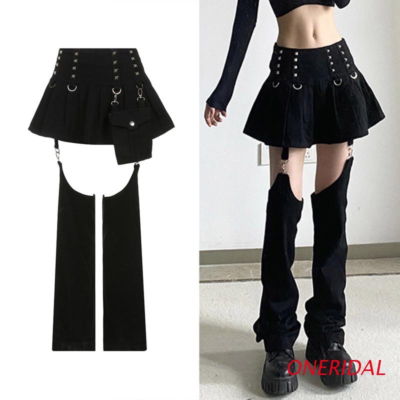 Chân váy mini xếp ly lưng cao phối quần dài ống đứng khoét lỗ rỗng bất đối xứng phong cách punk có thể tháo rời cho nữ