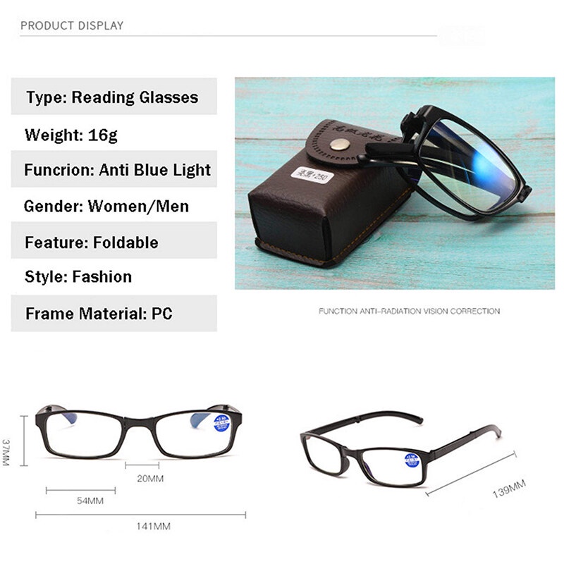 Kính Đọc Sách Gập Lại Được Chống Ánh Sáng Xanh Da Trời + 1.0 + 1.5 + 2.0 + 2.5 + 3.0 + 3.5 + 4.0 Thời Trang Unisex