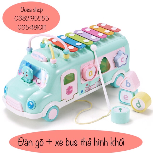 Đồ chơi ô tô kéo đàn gõ - xe bus thả hình khối kèm đàn gõ