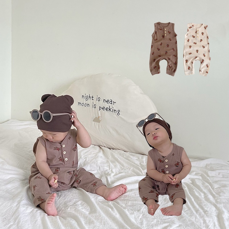 Áo Liền Quần Sát Nách Chất Liệu Cotton Hình Gấu Waffle Mùa Hè Cho Bé Sơ Sinh