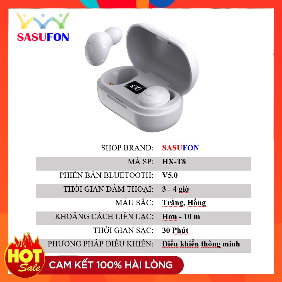 Tai nghe Bluetooth HX-T8  V5.0 bản QUỐC TẾ không dây cảm ứng chống nước IPX5, chống ồn mạnh mẽ
