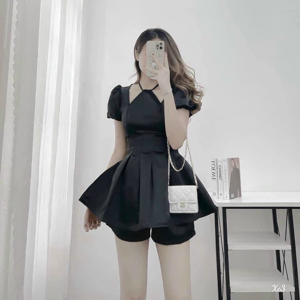 [Set đầm] Set 2 món đầm xòe ngắn tà sexy phối tay phồng cổ dây cực đẹp, phối kèm quần đùi trong cho chị em tự tin hơn