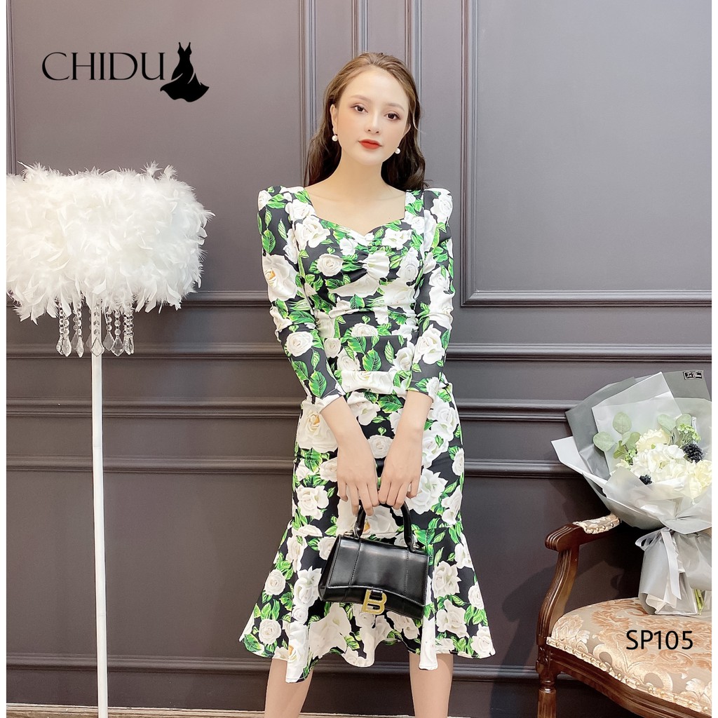 CHIDU Đầm dự tiệc hoạ tiết hoa xanh sang trọng SP105