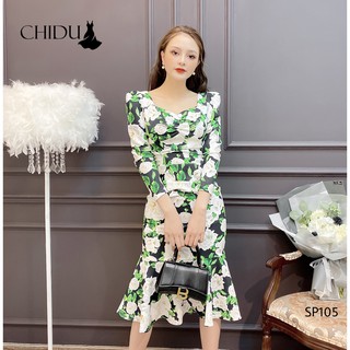 Chidu đầm dự tiệc hoạ tiết hoa xanh sang trọng sp105