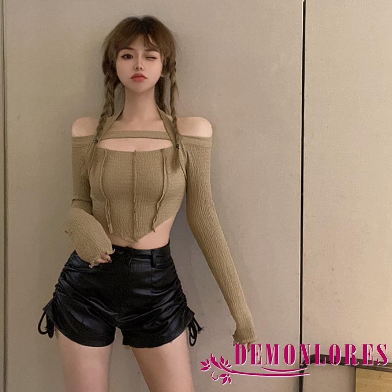 Áo thun hở vai dài tay khoe eo màu trơn quyến rũ thời trang cho nữ