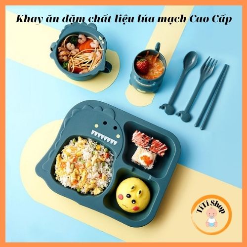 Khay ăn cơm cho bé kiểu Nhật chất liệu lúa mạch Cao Cấp an toàn hình khủng long sinh động siêu đáng yêu