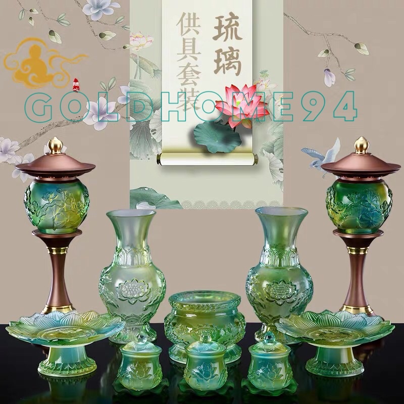 Bộ đồ cúng-Set đồ cúng Lưu Ly sen xanh ngọc dày dặn sang trọng