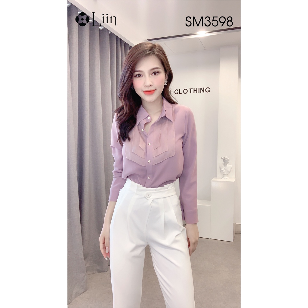 Áo sơ mi nữ Đũi màu Tím Khoai Môn thiết kế viền bèo đối xứng thanh lịch Liin Clothing SM3598