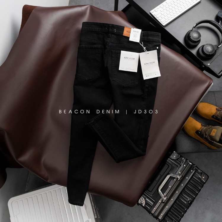 Quần Jean Dài Nam Mẫu Đen Rách Gối BEACON DENIM Form Slim Fit Trẻ Trung JD303