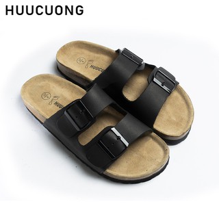 Dép unisex 2 Khóa HUUCUONG Quai Da Thật Màu Đen Đế Trấu