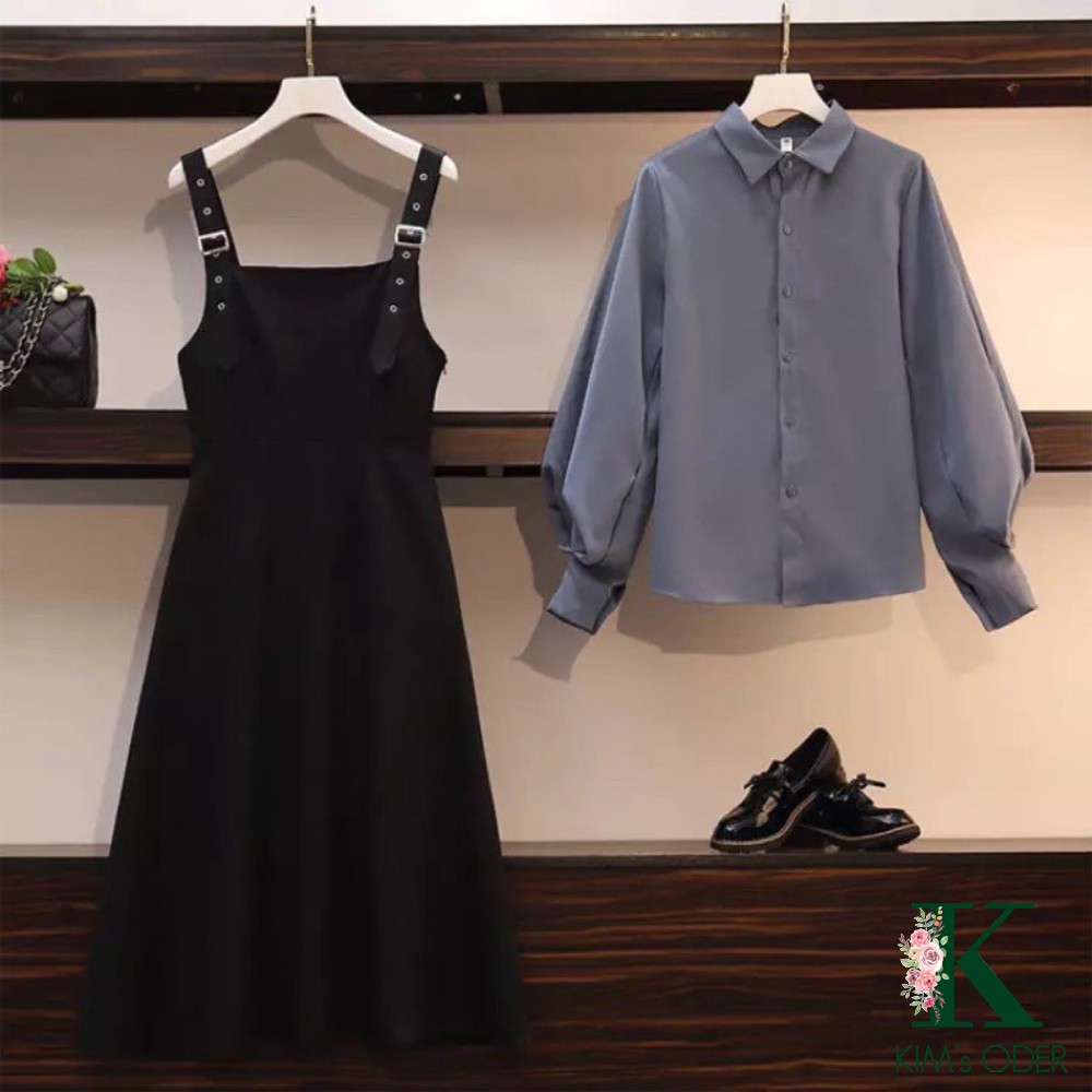 Set váy yếm kèm áo tiểu thư phong cách Hàn Quốc hai màu trắng, xanh thời trang