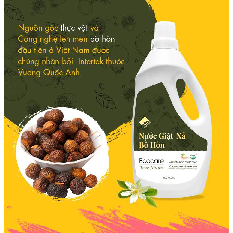 Nước giặt xả hữu cơ Bồ Hòn tinh dầu Hoa Bưởi ECOCARE 1 lít - Bền màu, giữ dáng, làm mềm vải