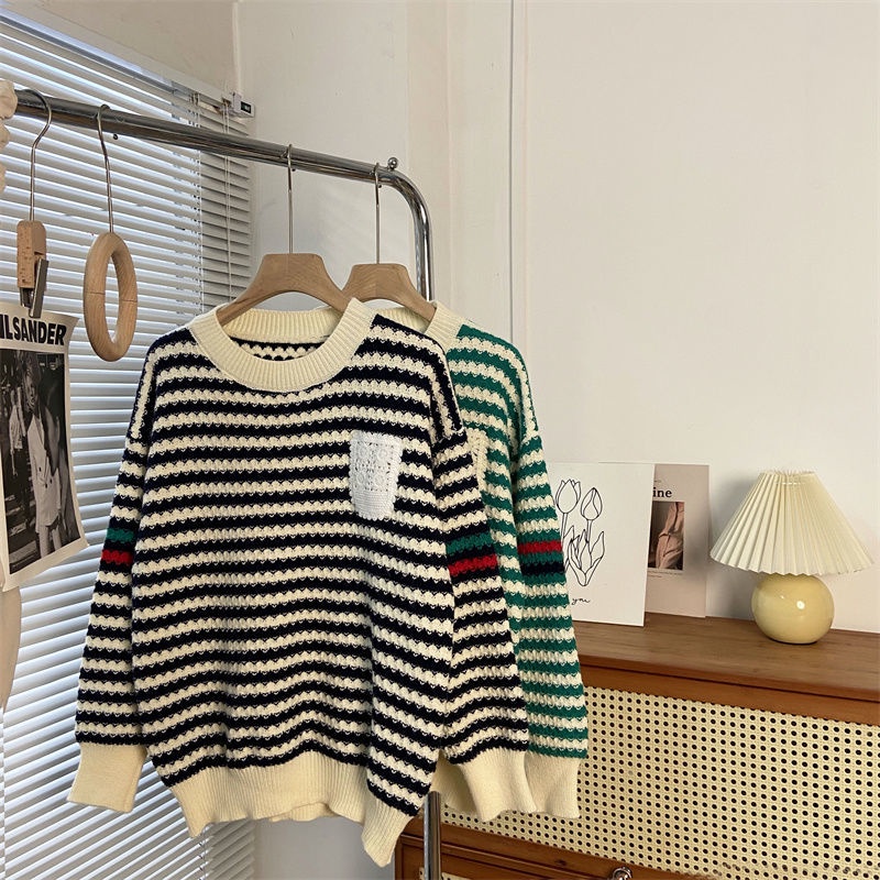 Áo sweater Dệt Kim Cổ Tròn Dáng Rộng Kẻ Sọc Màu Sắc Tương Phản Thời Trang Thu Đông Cho Nữ