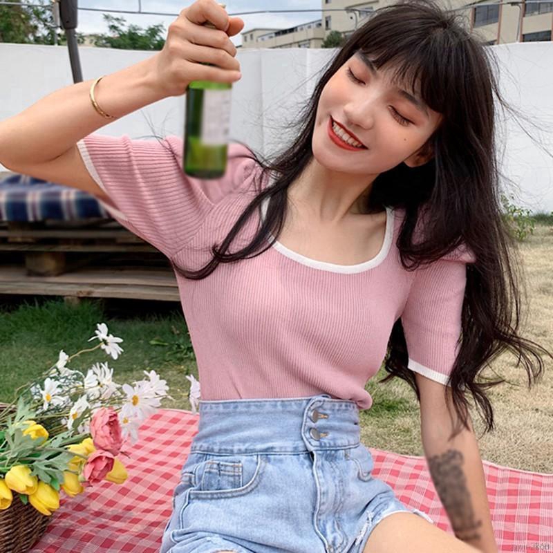 Áo Croptop Dệt Kim Tay Ngắn Cổ Vuông Phong Cách Hàn Quốc