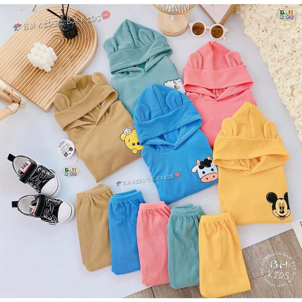 bộ dài tay minky mom chất thun gân kèm mũ cho bé