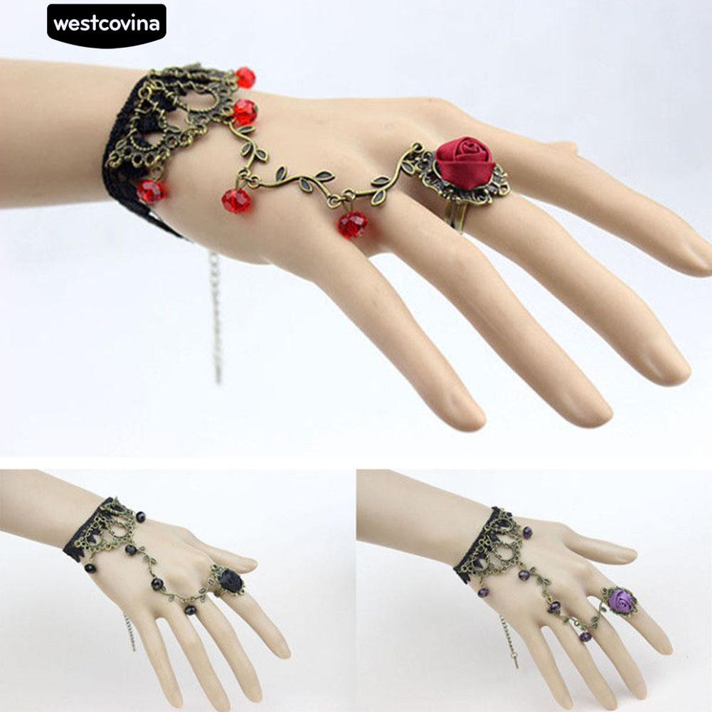 Vòng tay phối ren hoa hồng liền nhẫn cổ điển thời trang cho nữ